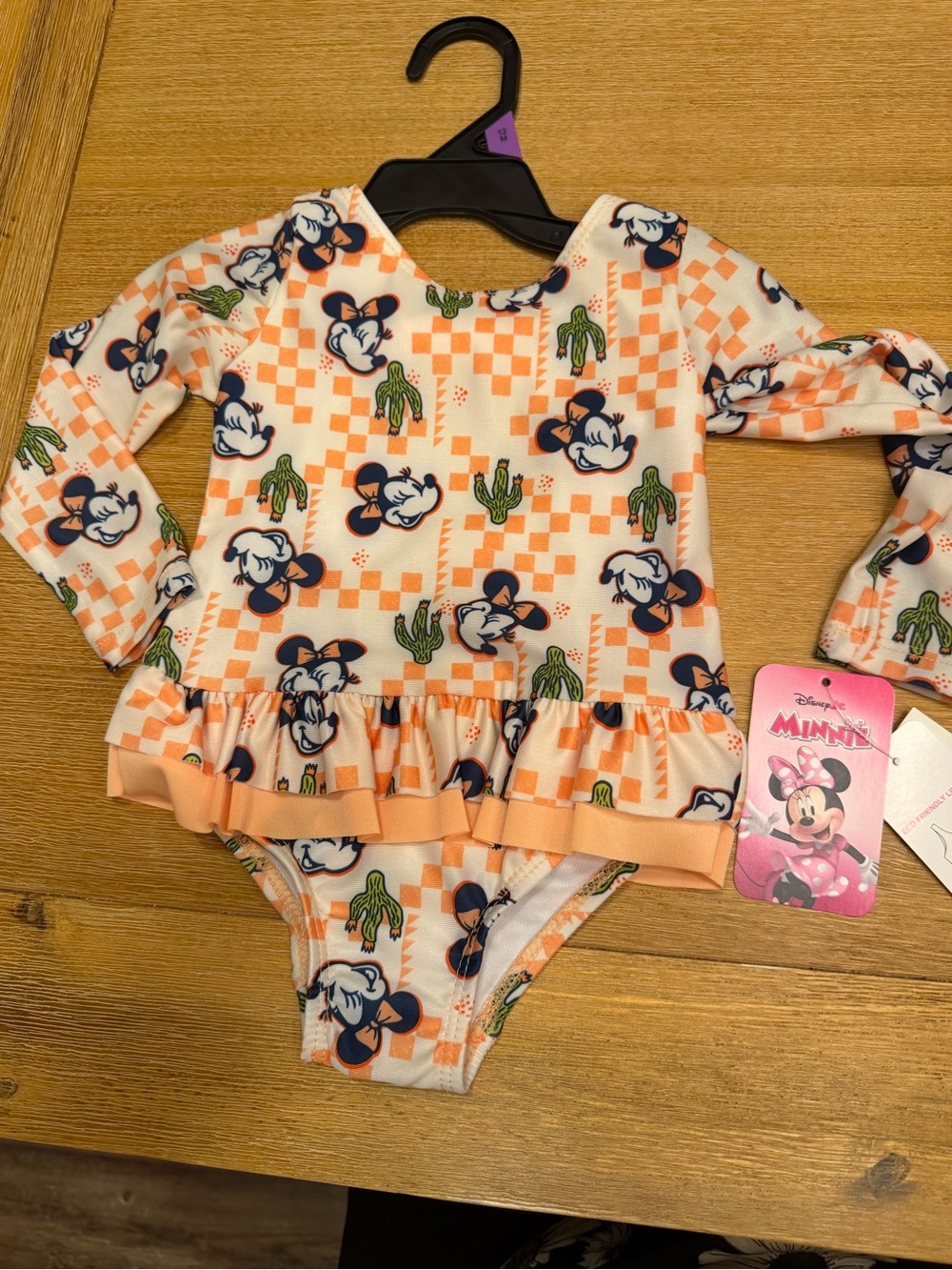 Disney Peach & White Checkered Minnie Mouse Ruffle One-Piece